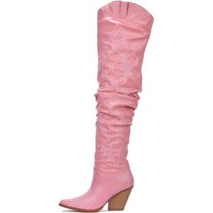 Women Pink Fabric Thigh High Over The Knee Pointed Toe Chunky Heel Fashion Boot